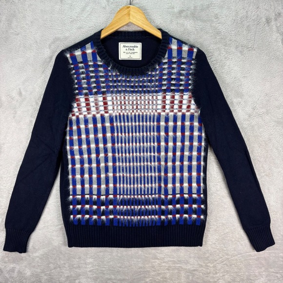 Abercrombie & Fitch Women's Sweater Navy Plaid Fuzzy Grid Knit Pullover Sz Small - Picture 5 of 8